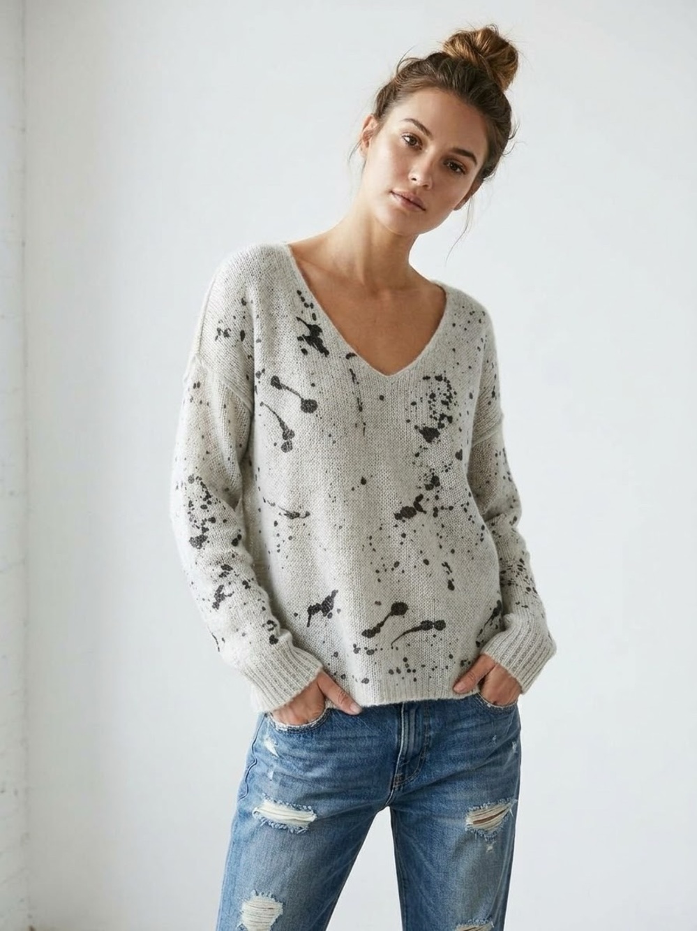 Cozy Light Gray V-Neck Fall Sweater with Black Splatter S/M Wooden Ships